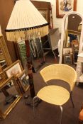 Brass and reeded column standard lamp and shade and contemporary occasional wicker chair (2).