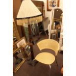 Brass and reeded column standard lamp and shade and contemporary occasional wicker chair (2).