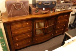 Oak bow front centre sideboard, 90cm by 183cm by 51cm.