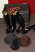 Two gents Trilby hats, riding hat, two pairs of riding boots, horse tack, etc.