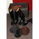 Two gents Trilby hats, riding hat, two pairs of riding boots, horse tack, etc.