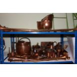 Collection of copper wares including coal scuttle and bucket, kettles, horns, watering cans, etc.