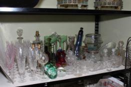 Collection of Victorian and later glass including two green glass dumps, rolling pin, lustres,