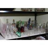 Collection of Victorian and later glass including two green glass dumps, rolling pin, lustres,