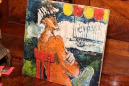 Russian oil painting of circus character, on plywood, 24cm by 24cm.