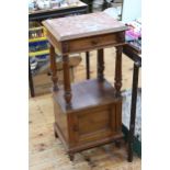 Continental walnut and marble topped pedestal cabinet, 88cm by 43cm by 37cm.