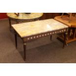 Rectangular marble topped coffee table with floral porcelain roundel decorated frieze,