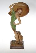 Art Deco painted plaster figure of bather with sombrero, 45cm.