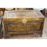 Oriental carved trunk, 62cm by 101cm by 52cm.