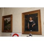 Collection of nine pictures including oils, portrait, needlework and Farm sign (10).