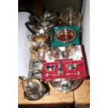 Good collection of silver plate including four piece tea service, cruet, bottle coasters, etc.