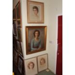 Large gilt framed portrait painting and three pastel portraits (4).