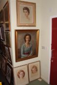 Large gilt framed portrait painting and three pastel portraits (4).