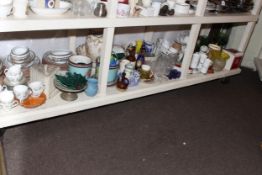 Full shelf of glass and china including Victorian dinnerwares, toilet jug and bowl,