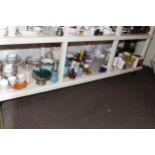 Full shelf of glass and china including Victorian dinnerwares, toilet jug and bowl,