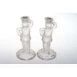 Pair frosted glass male figure candlesticks, 24cm.