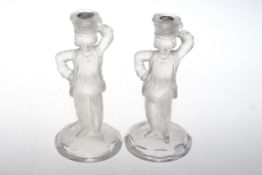 Pair frosted glass male figure candlesticks, 24cm.