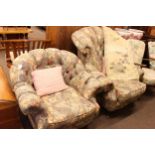 Pair Lincoln House ladies and gents chairs and footstool in foliate pattern fabric,