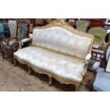 Antique giltwood arched back settee with serpentine front seat, 120cm by 176cm.