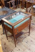 Edwardian mahogany and line inlaid two drawer bijouterie table, 73cm by 61cm by 40cm.