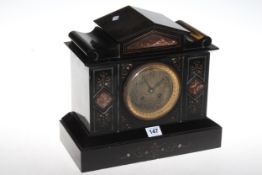 Slate mantel clock with inlay, 29cm high.