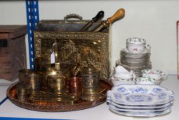 Aynsley part tea service, four Felspar blue and white plates and collection of copper and brass.