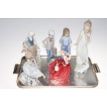 Lladro Lady with Dog, four Nao figures, Lladro Goose and Royal Doulton 'Autumn Breezes'.