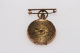 14k gold keyless fob watch with 9 carat gold bar brooch.