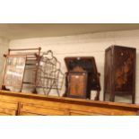 Victorian mahogany toilet mirror, towel rail, Edwardian brass magazine rack, two screens,