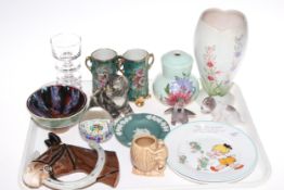 Radford vase and lamp base, two Shelley nursery plates, Winstanley cat, Beswick horse wall plaque,