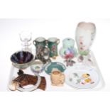 Radford vase and lamp base, two Shelley nursery plates, Winstanley cat, Beswick horse wall plaque,