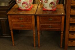 Pair Continental two drawer pedestals on turned reeded tapering legs,