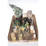 Collection of Oriental pieces including Dogs of Fo, ivory puzzle ball on stand,