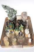 Collection of Oriental pieces including Dogs of Fo, ivory puzzle ball on stand,