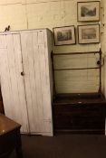 Stained pine trunk, Victorian towel rail and painted double door fitted cupboard (3).