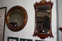 Framed Chinese silkwork, Georgian pier mirror and circular gilt framed bevelled wall mirror.