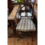 Victorian walnut Sutherland table and pair Edwardian mahogany parlour chairs.