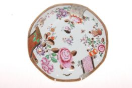 Chinese famille rose octagonal dish, having flower decoration and scroll and gilt border,