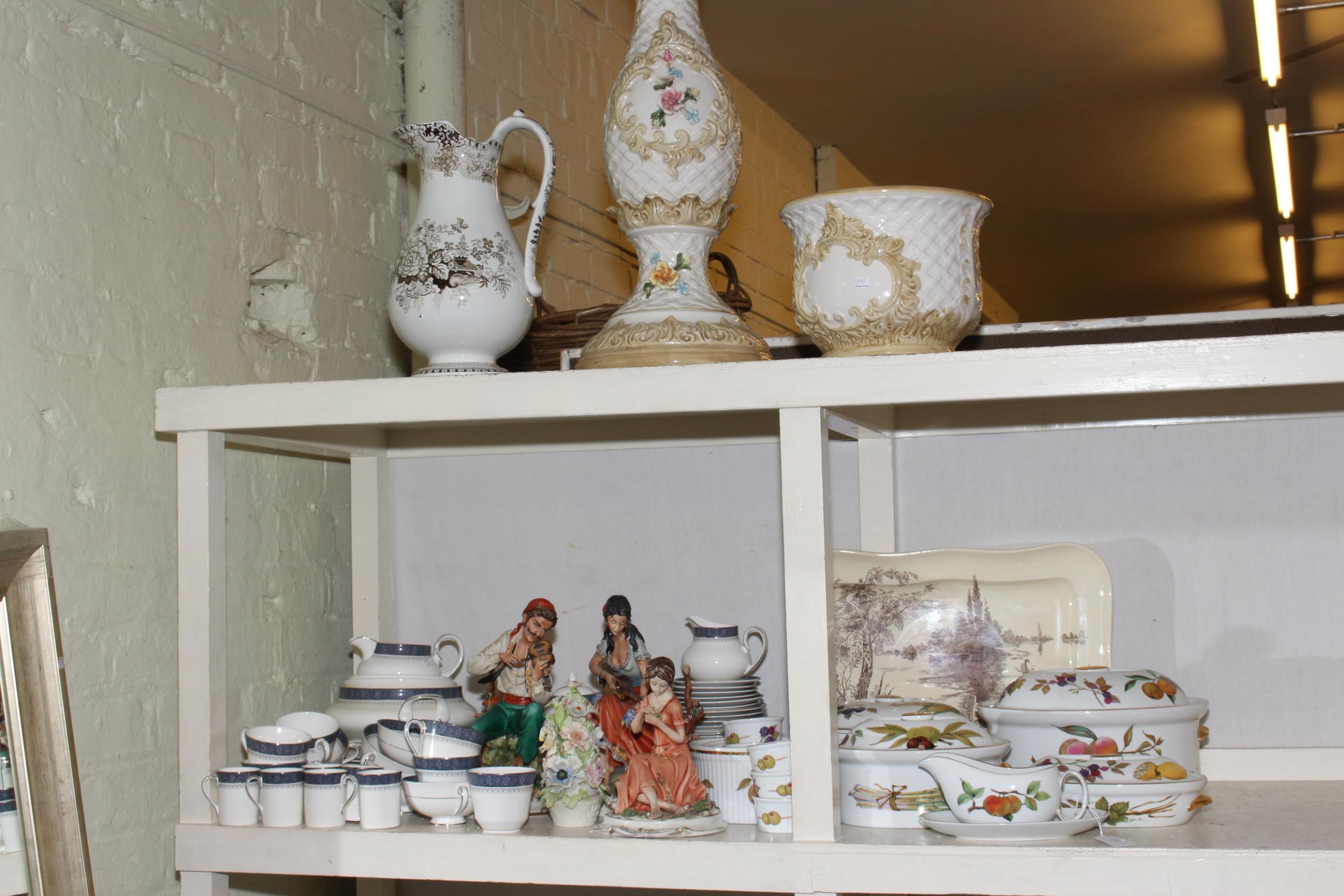 Floral encrusted jardiniere and stand, toilet jug, Royal Worcester Evesham tureens,