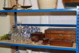 Set of brass Avery Balance scales, Victorian inlaid walnut writing box, rosewood tea caddy,