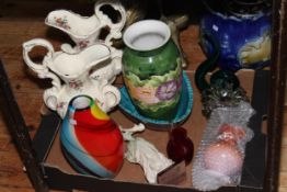 Pair of pottery ewers, coloured glass vase, pottery vase, figure, etc.