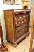 Victorian mahogany Scotch chest of six drawers on turned feet, 155cm by 125cm by 59cm.