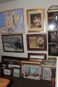 Large collection of prints, oils and mirrors including landscape oils, map prints, etc.