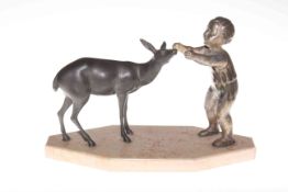 Art Deco spelter figure of a boy and deer.