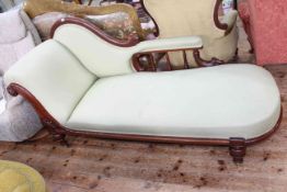 Victorian mahogany framed chaise longue in sage green fabric.
