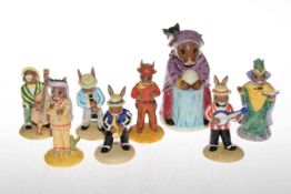 Seven Royal Doulton Bunnykins figurines with boxes and a Bunnykins Fortune Teller jug, with box.