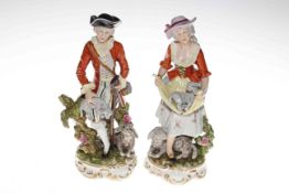 Pair Continental porcelain shepherd figures, 25cm.