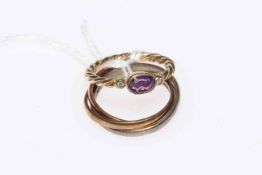 Gold amethyst and diamond set ring with barley twist shank, size K,