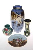 Two small Moorcroft pottery vases and two pieces of Corbridge Stoneware, vase 21.5cm (4).
