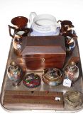 Four pieces of cloisonne, copper lustre, relief jug, tea caddy, snuff boxes and cribbage board.